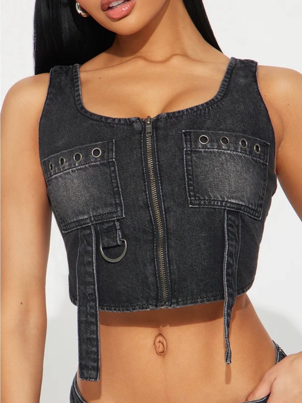 Washed Black Denim Zip-Front Crop Top